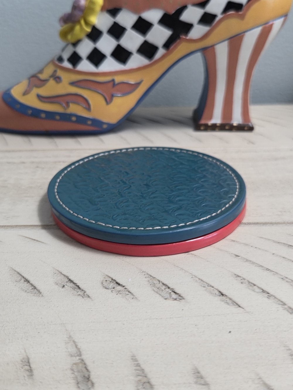 Coach Logo Embossed Leather Coasters Red & Teal, Set of 2 EUC - Picture 8 of 8